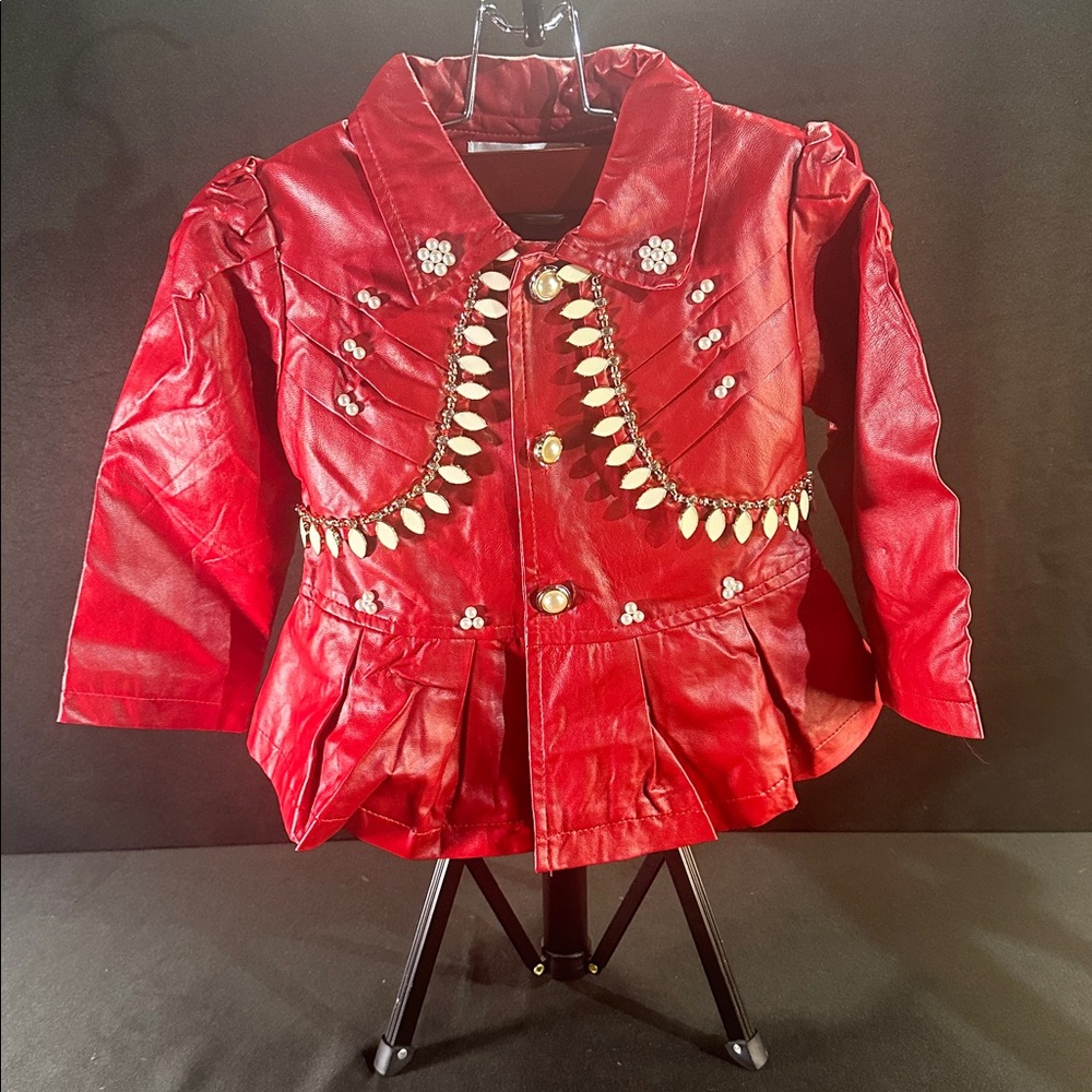 Custom Red Embellished  Faux Leather Jacket